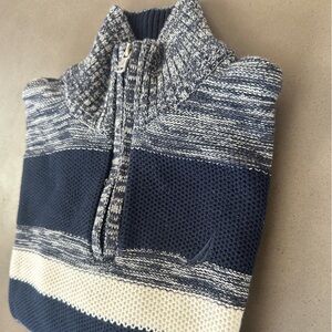 Nautica Blue and Cream Zip-Up quarter neck Sweater, size M 10-12